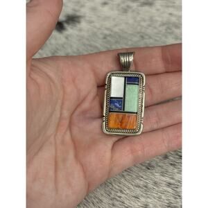 Running Bear Sterling Silver Inlay Pendant Turquoise Spiny Onyx Lapis MOP Multi